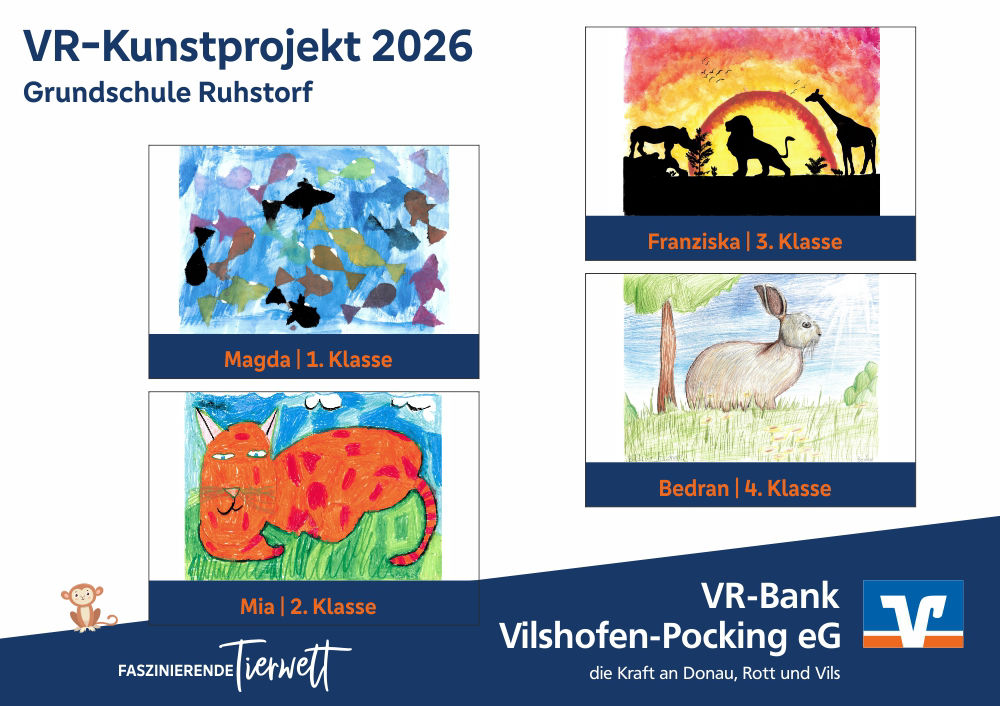 Die vier Gewinnerbilder VR-Kunstprojekt 2026, Grundschule Ruhstorf: Fische, Savannen-Collage, Katze, Hase.