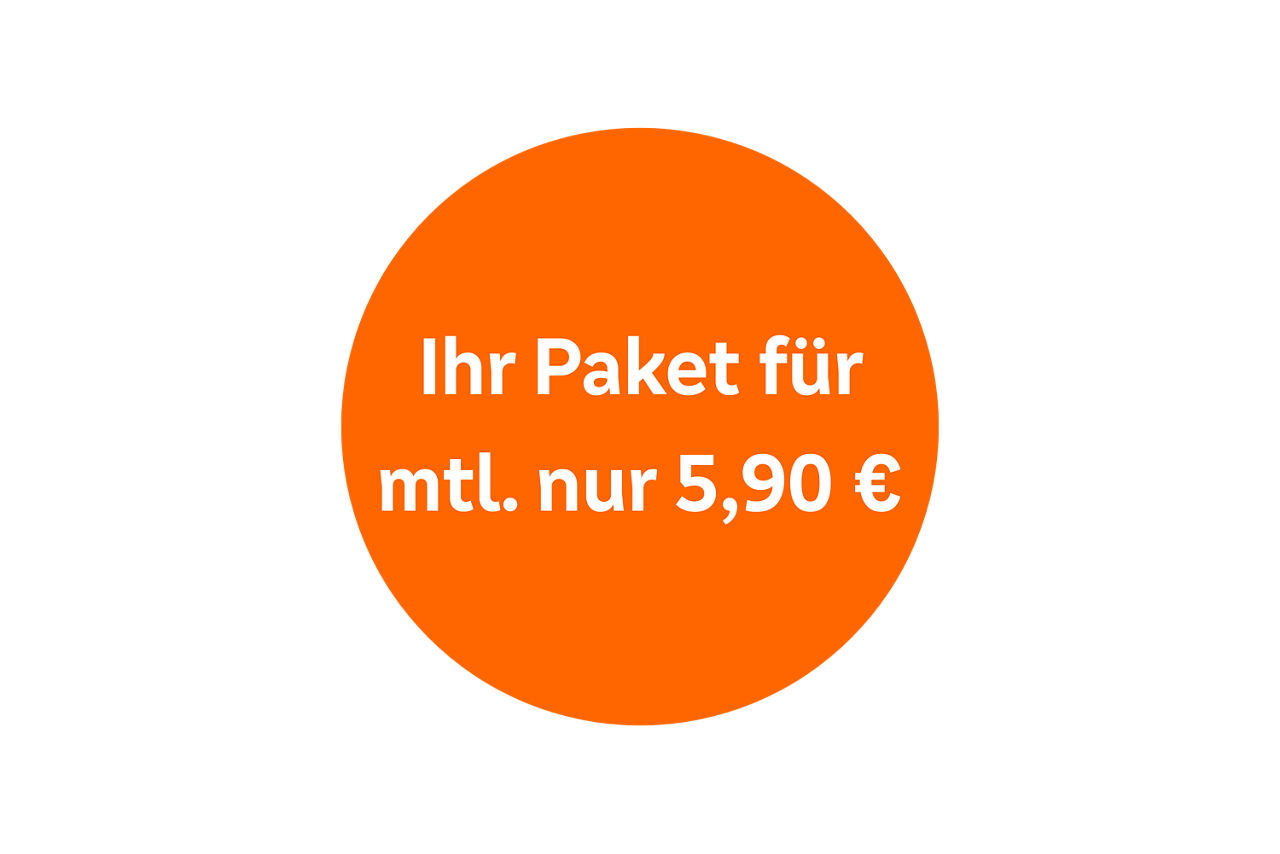  Runder Kreis in Orange mit Schriftzug: Ihr Paket für mtl. nur 5,90 €