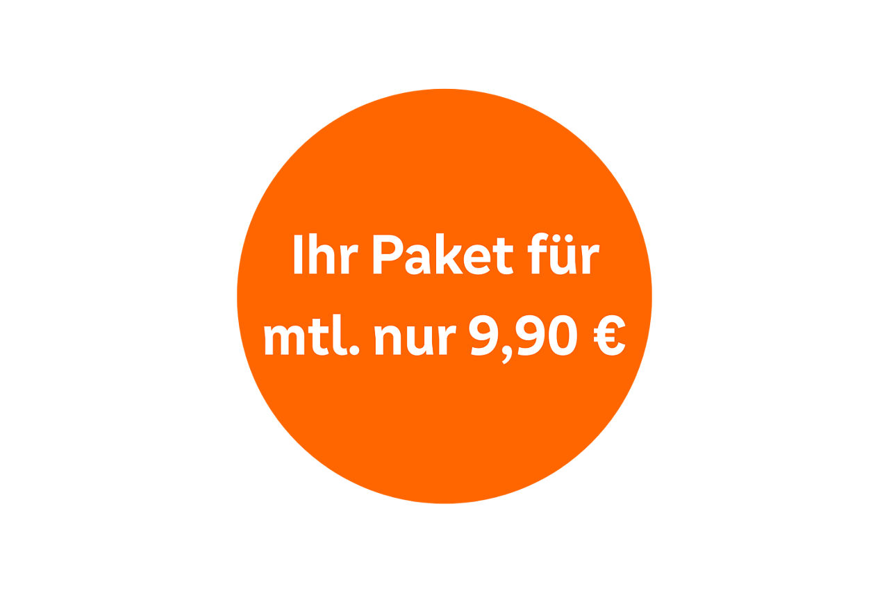  Runder Kreis in Orange mit Schriftzug: Ihr Paket für mtl. nur 9,90 €