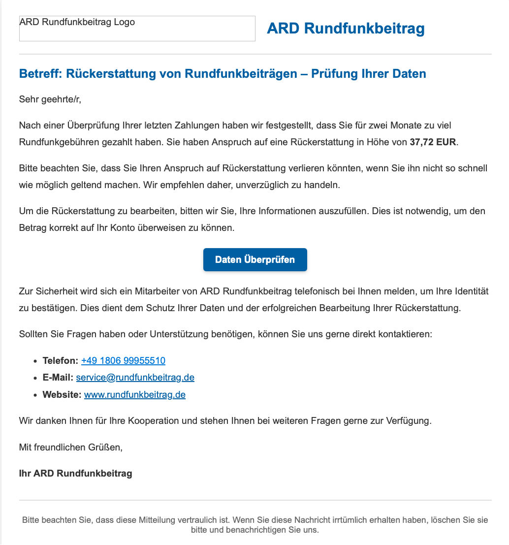 Screenshot Phishingmail Rundfunkbeitrag