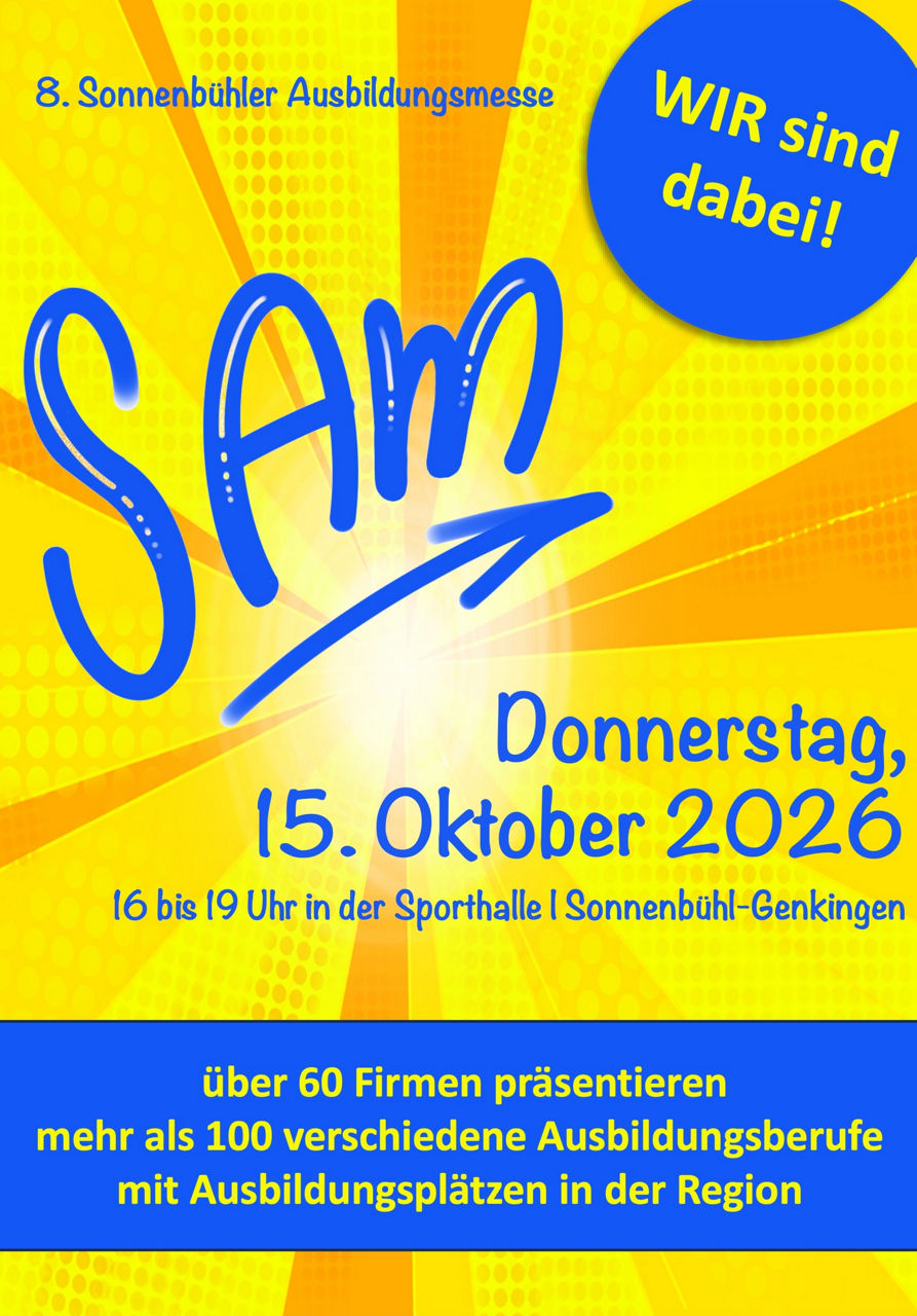 Plakat mit Infos zur 8. Sonnenbühler Ausbildungsmesse SAM