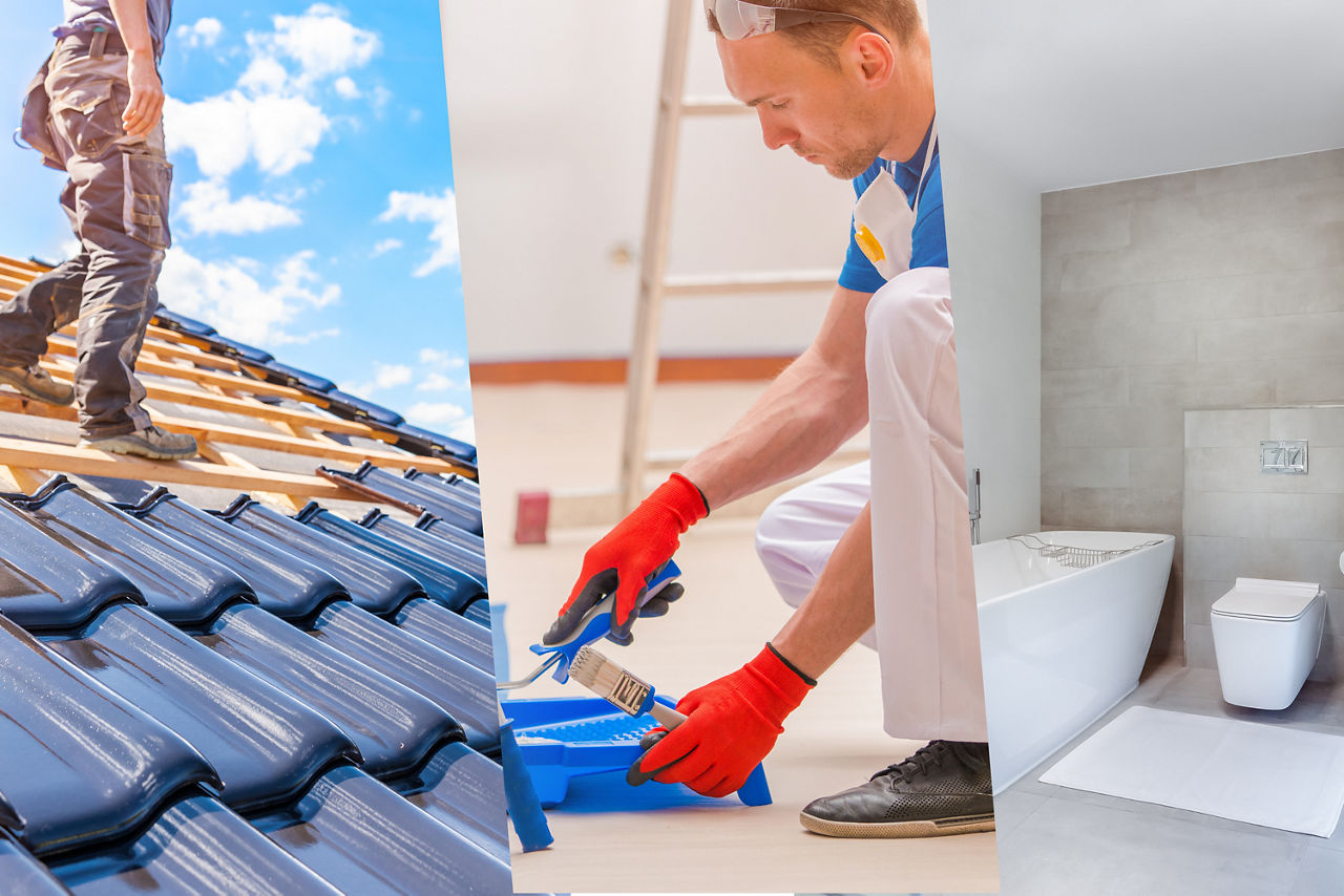 Maler bei der Arbeit und Dachdecker auf dem Dach