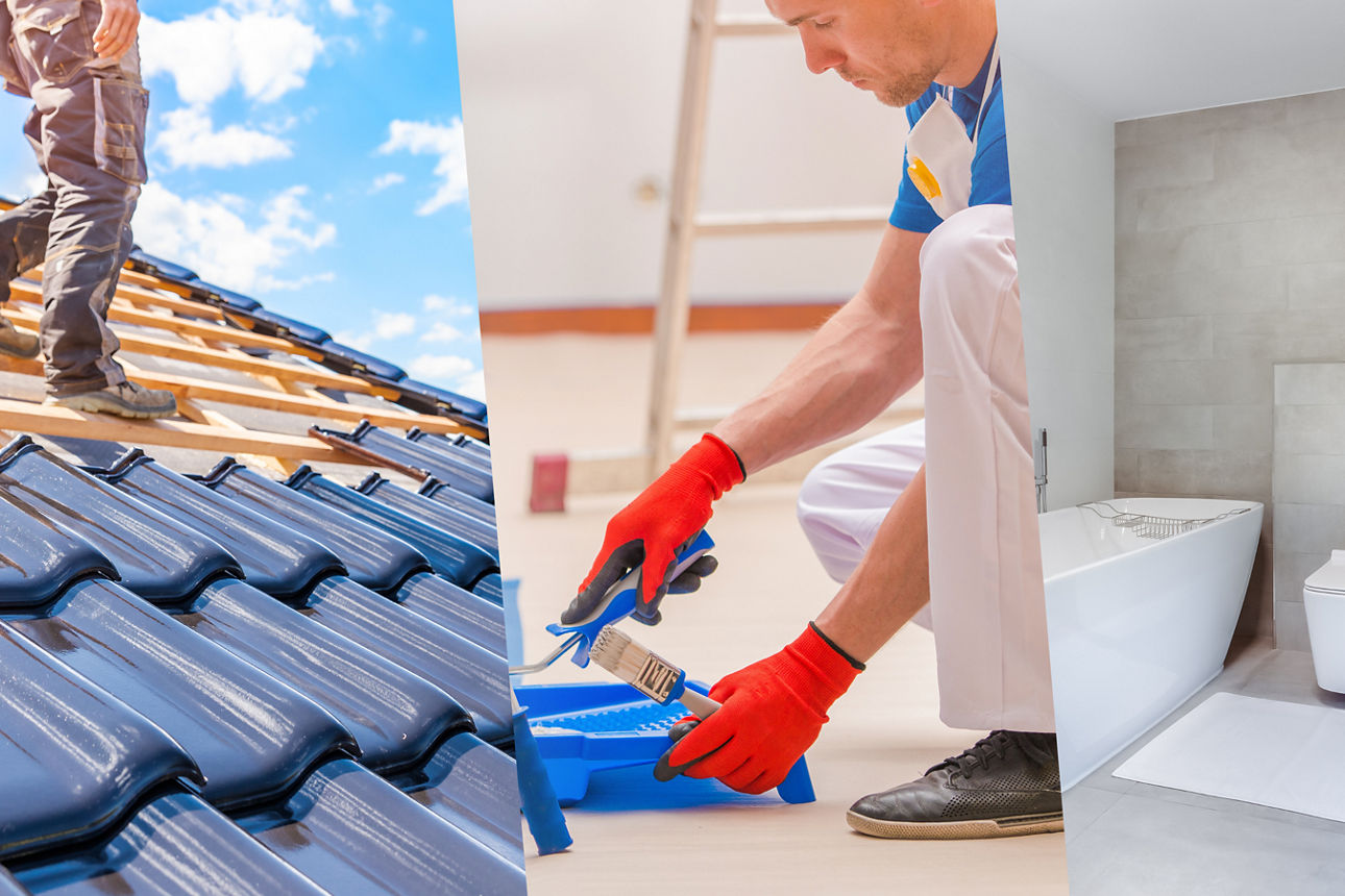 Maler bei der Arbeit und Dachdecker auf dem Dach