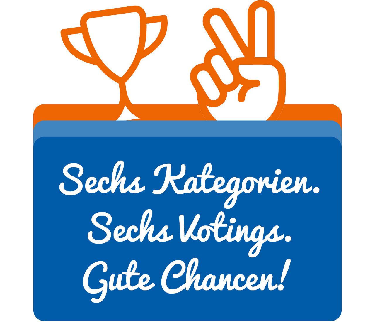 Pokal, Hand mit Victory-Zeichen und Text: 6 Kategorien, 6 Votings, Gute Chancen