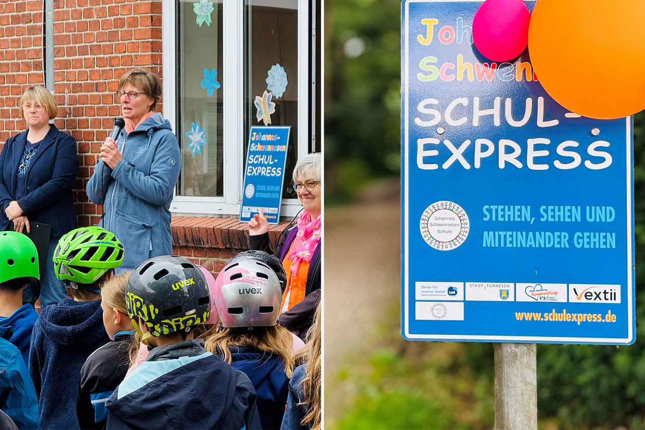 Collage Frau Nölle am Mikrofon und links daneben Frau Wieduwilt, Schild der SCHULEXPRESS-Haltestellen