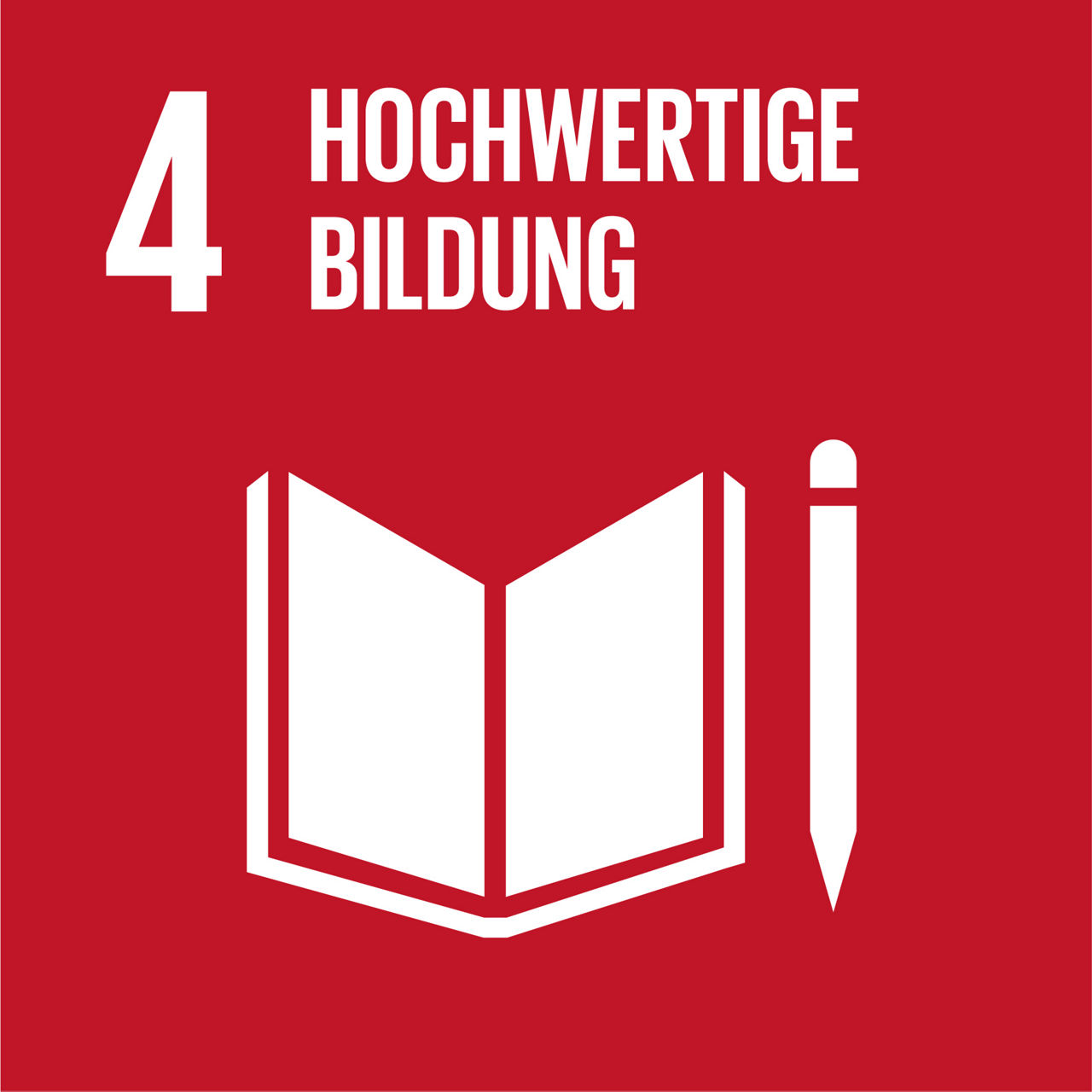 Rotes SDG-Symbol mit Zahl 4 und Text „Hochwertige Bildung“. Weißes Icon eines offenen Buchs mit Stift steht für Lernen und Zugang zu Bildung.