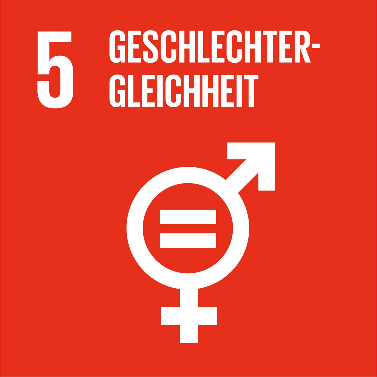Oranges SDG-Symbol mit Zahl 5 und Text „Geschlechtergleichheit“. Weißes Gleichheitszeichen im kombinierten Geschlechtersymbol zeigt Gleichberechtigung.