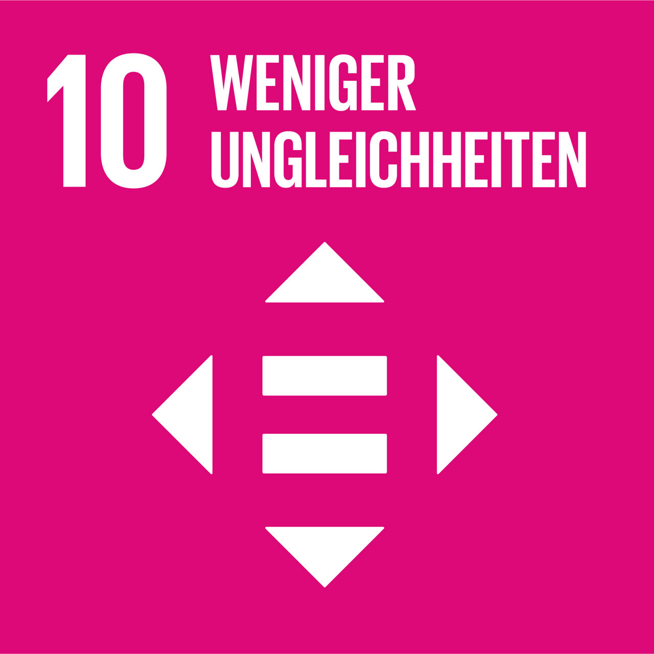 Pinkes SDG-Symbol mit Zahl 10 und Text „Weniger Ungleichheiten“. Weißes Gleichheitszeichen mit Pfeilen zeigt Abbau sozialer Unterschiede.