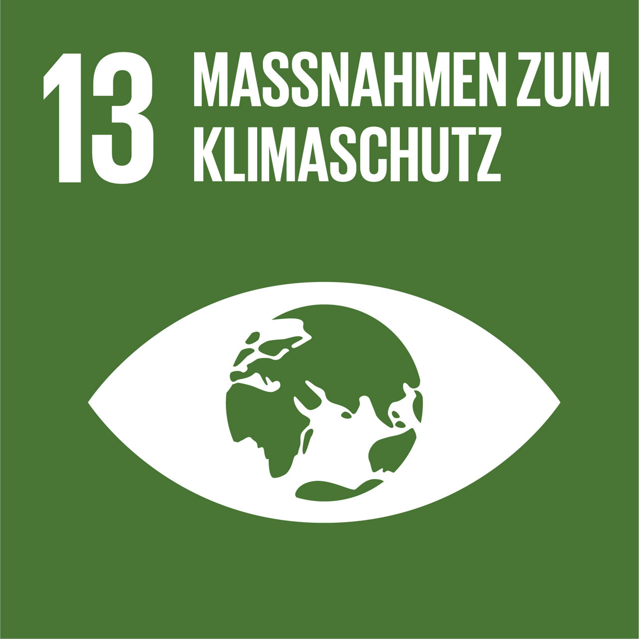 Grünes SDG-Symbol mit Zahl 13 und Text „Maßnahmen zum Klimaschutz“. Weißes Auge mit Weltkugel zeigt Fokus auf Schutz des globalen Klimas.