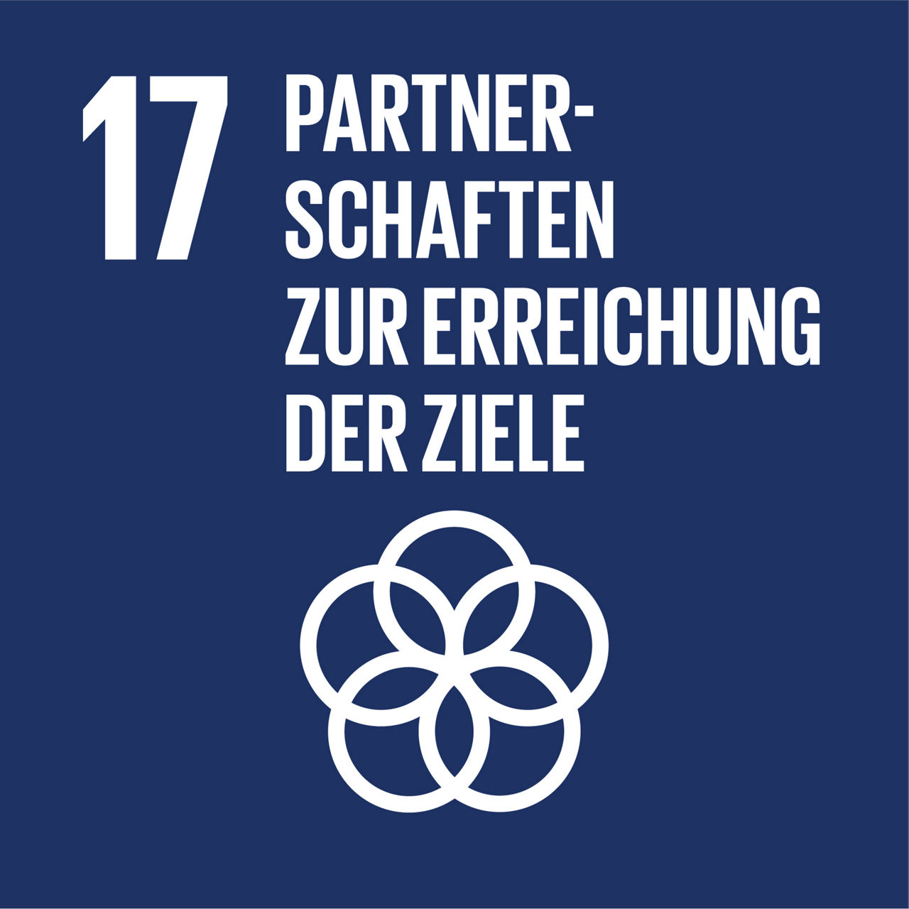 Dunkelblaues SDG-Symbol mit Zahl 17 und Text „Partnerschaften zur Erreichung der Ziele“. Weißes Symbol aus verbundenen Ringen zeigt globale Zusammenarbeit.