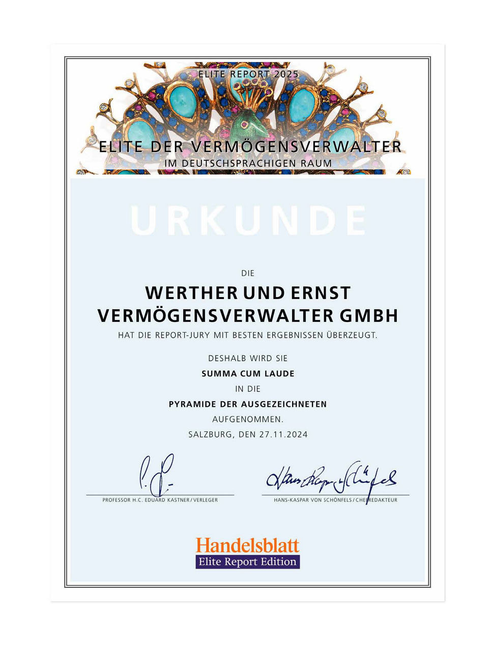 Urkunde: Die Werther und Ernst Vermögensverwalter GmbH hat die Report-Jury mit besten Ergebnissen überzeugt.