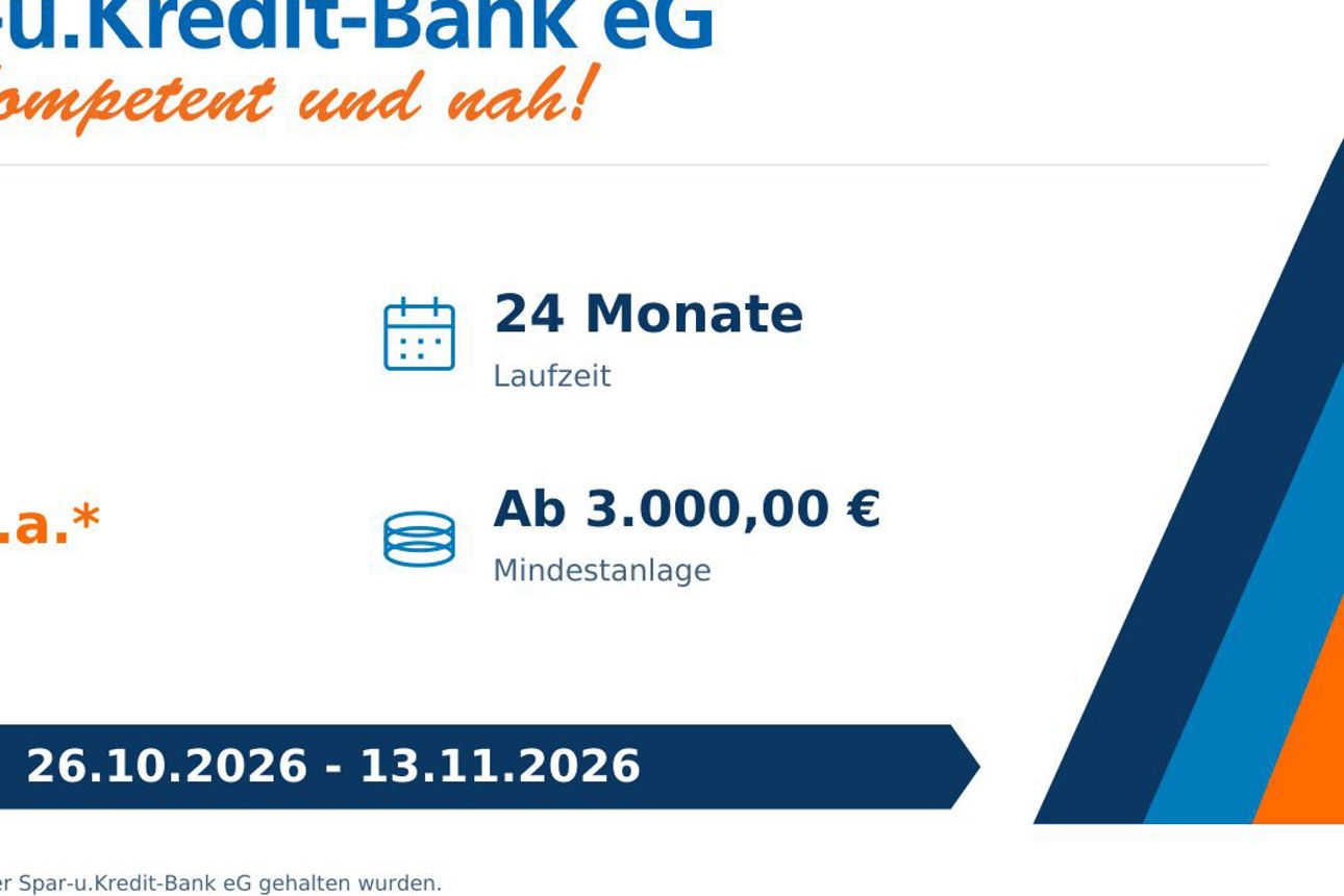 Werbung der Spar-u.Kredit-Bank zum Sondersparbrief mit 3,00 % Zinsen p.a. zur Sparwoche 2026.