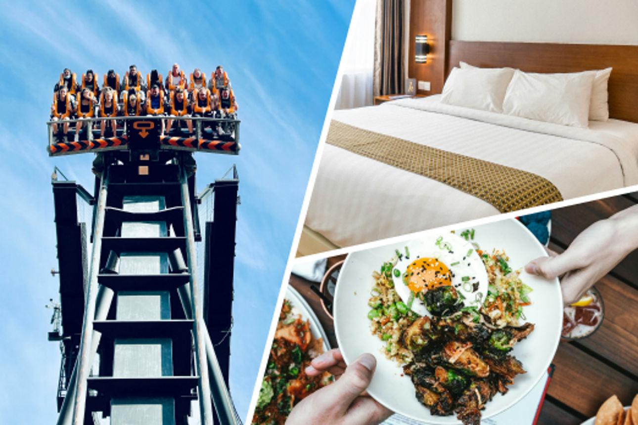 Eine Achterbahn, ein Hotelzimmer und ein Teller mit Essen in einem Restaurante