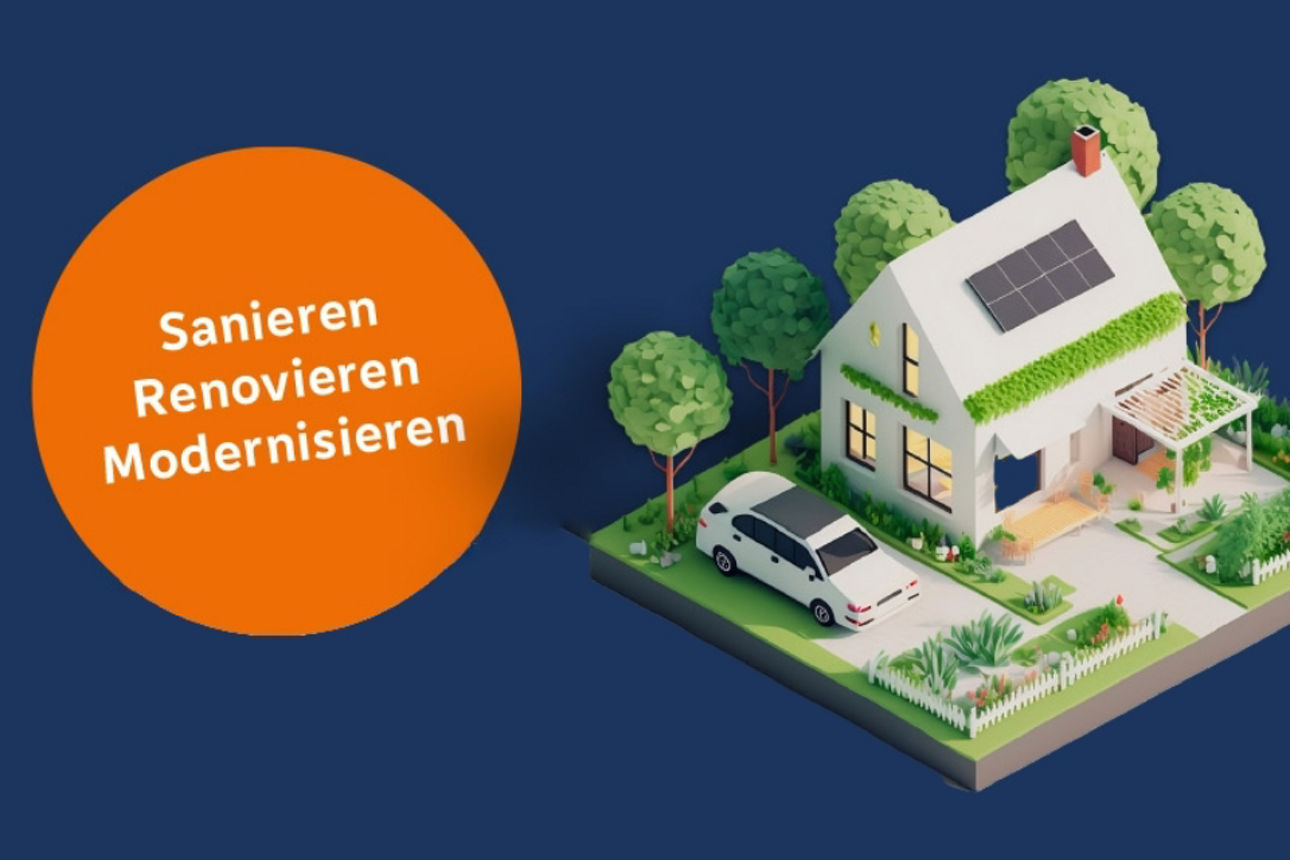 Grafik Einfamilienhaus im Garten auf blau weißem Hintergrund mit einem orangen Verstärker für Sanieren-Renovieren-Modernisieren