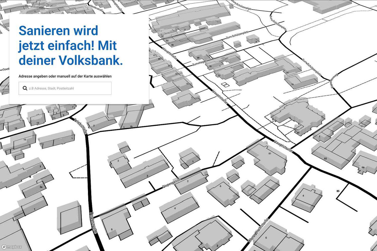 Graue 3D-Kartenansicht einer Stadt mit Straßen und Gebäuden. Text: „Sanieren wird jetzt einfach! Mit deiner Volksbank.“