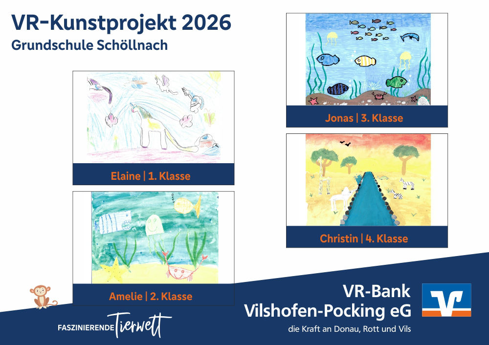 Die vier Gewinnerbilder VR-Kunstprojekt 2026, Grundschule Schöllnach: Einhorn, Fische, Unterwasserwelt, Savannen-Szene.