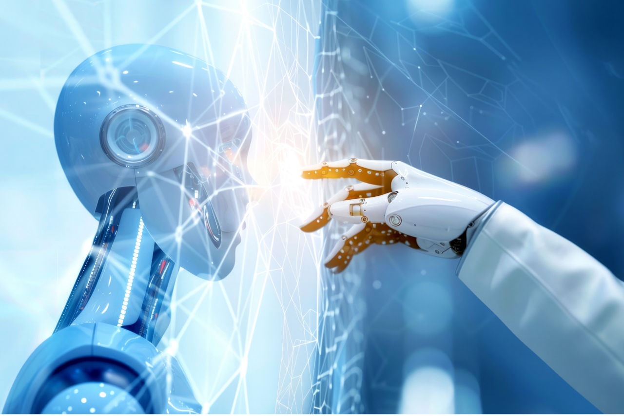 Futuristisches Bild eines Roboters und einer Hand