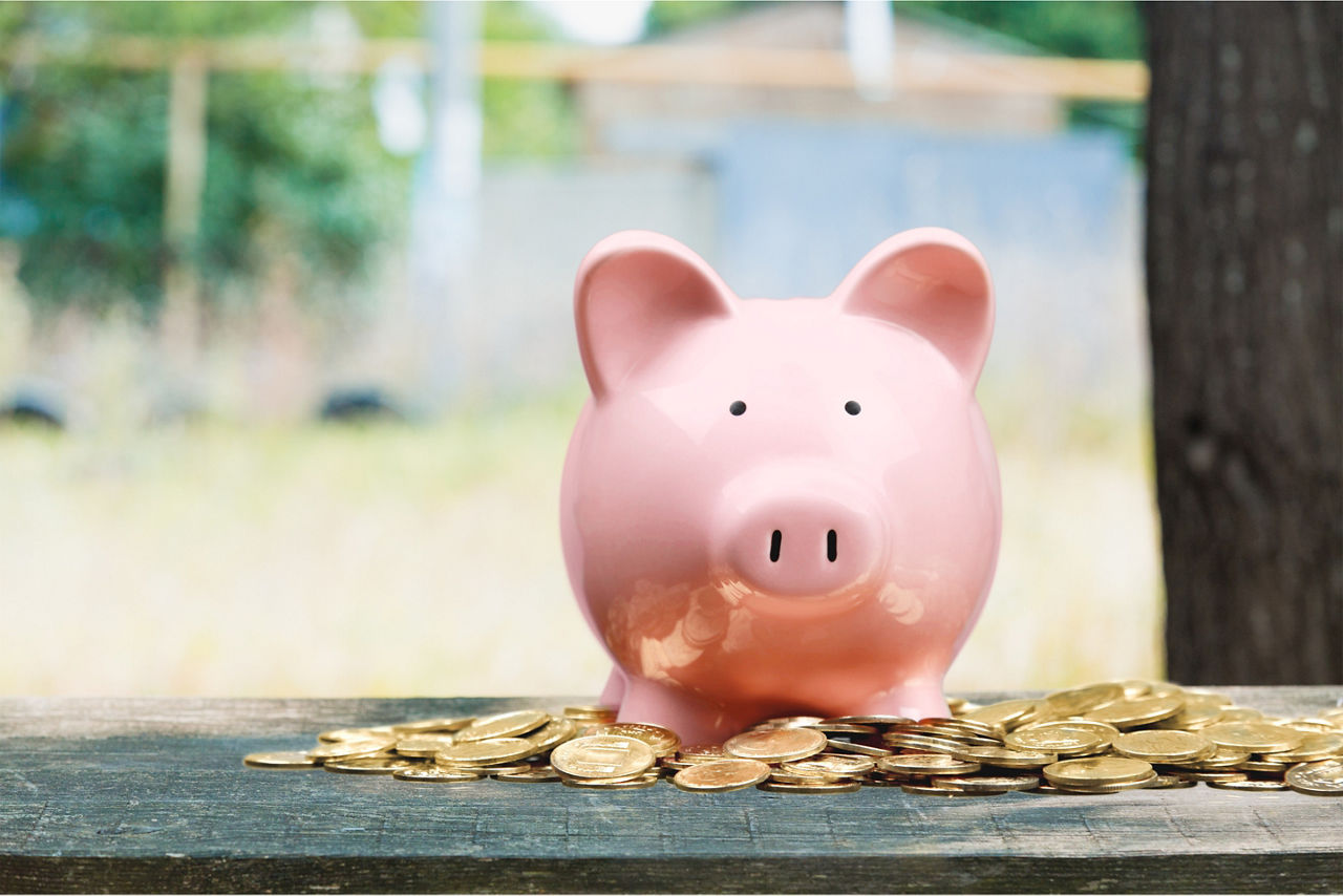Ein rosa Sparschwein steht auf Münzen, die auf einem Tisch liegen.