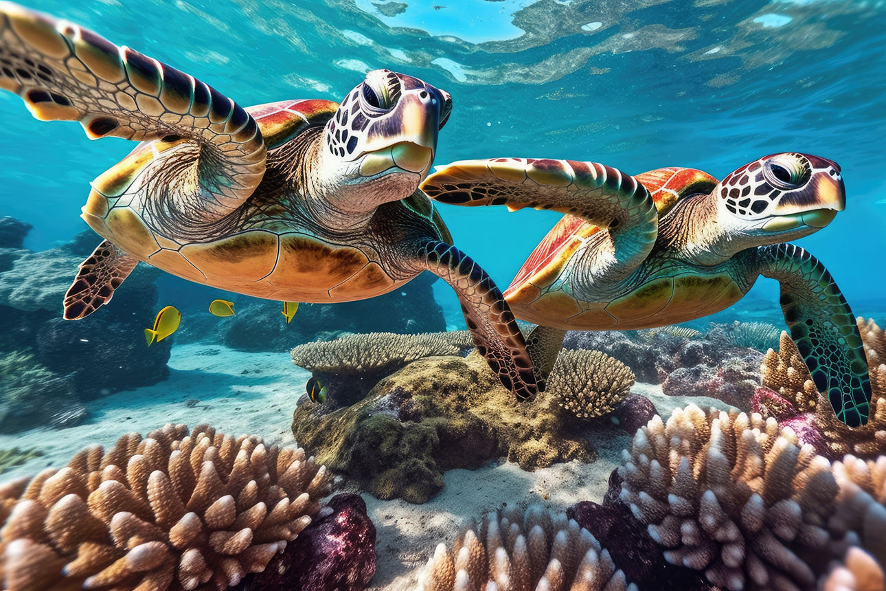 sea turtle with a group of colorful fish and colorful corals underwater in the ocean,