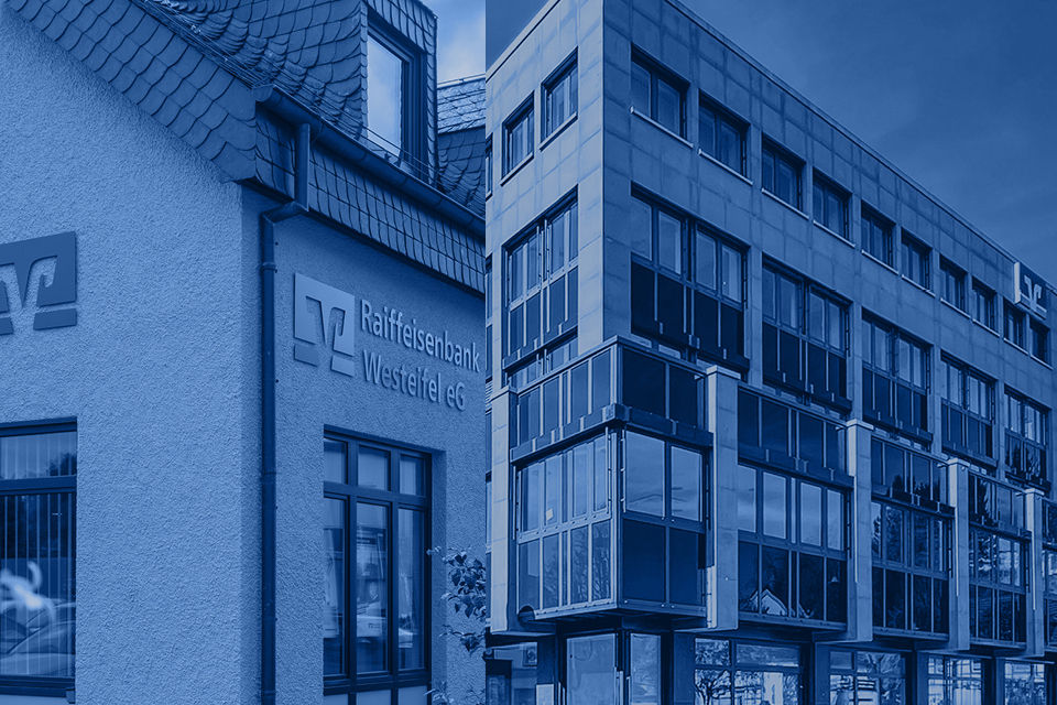 Zusehen sind die Filiale Schleiden der VR-Bank Nordeifel eG und die Filiale der Raiffeisenbank Westeifel eG in Schönecken