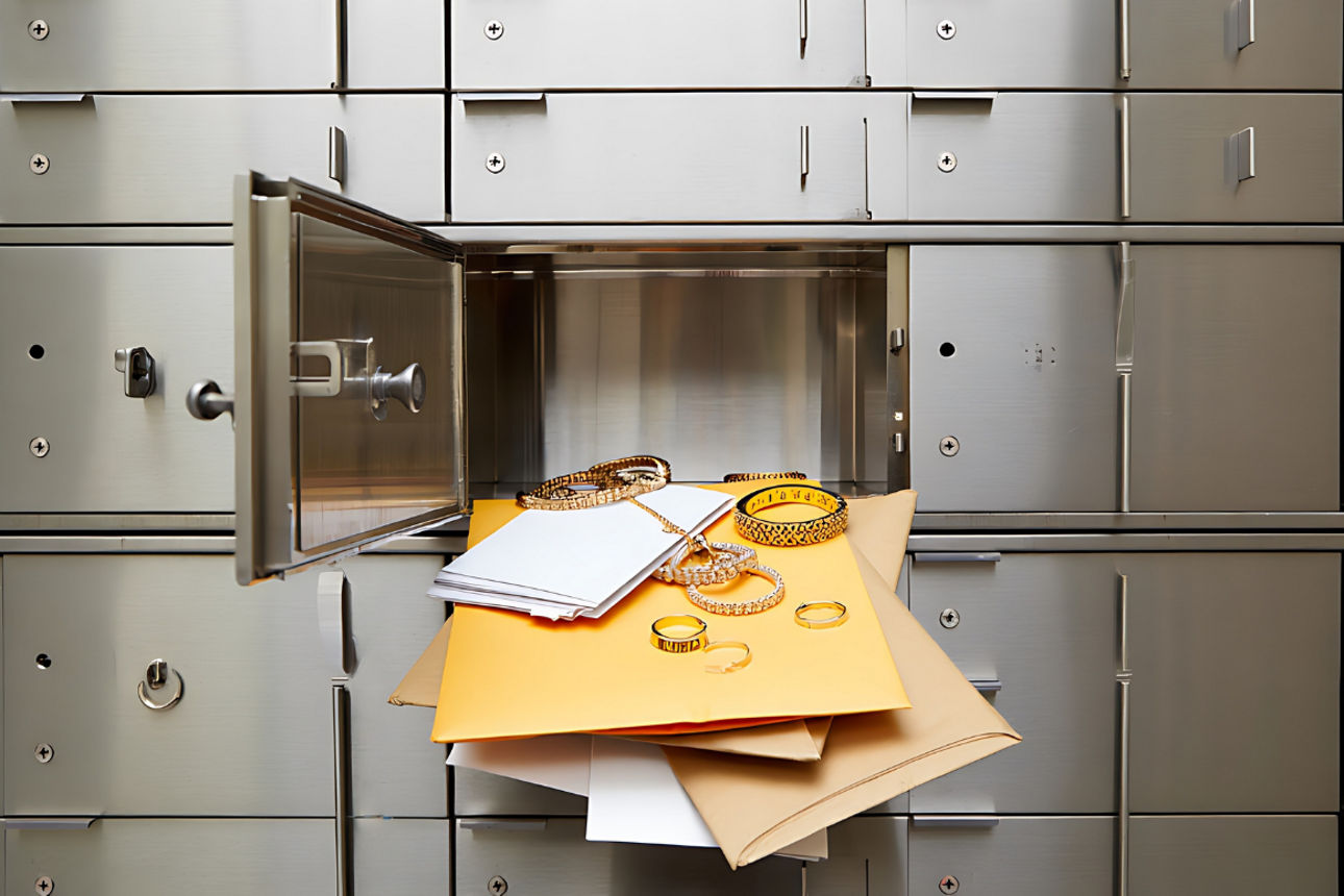 Geöffnetes Schließfach mit Briefen und Schmuck