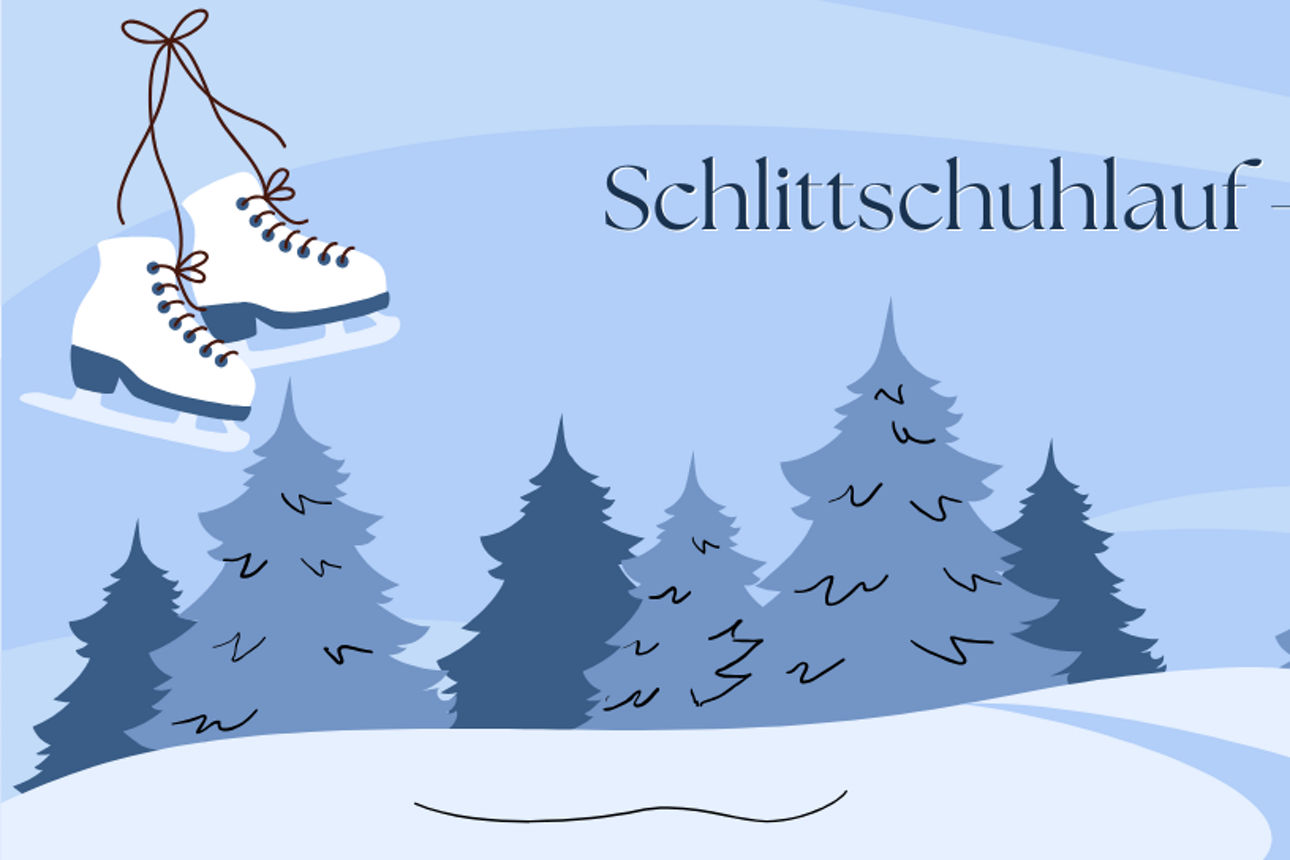 Text Schlittschuhlauf-Event auf blauem Hintergrund mit Bäumen und Schlittschuhen