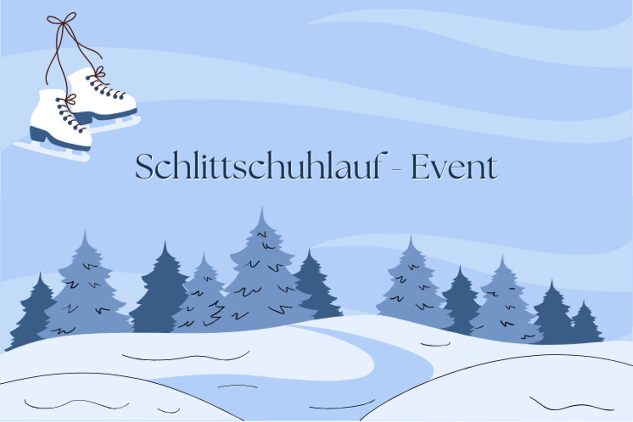 Schlittschuhlauf-Event auf blauem Hintergrund mit Bäumen und Schlittschuhen