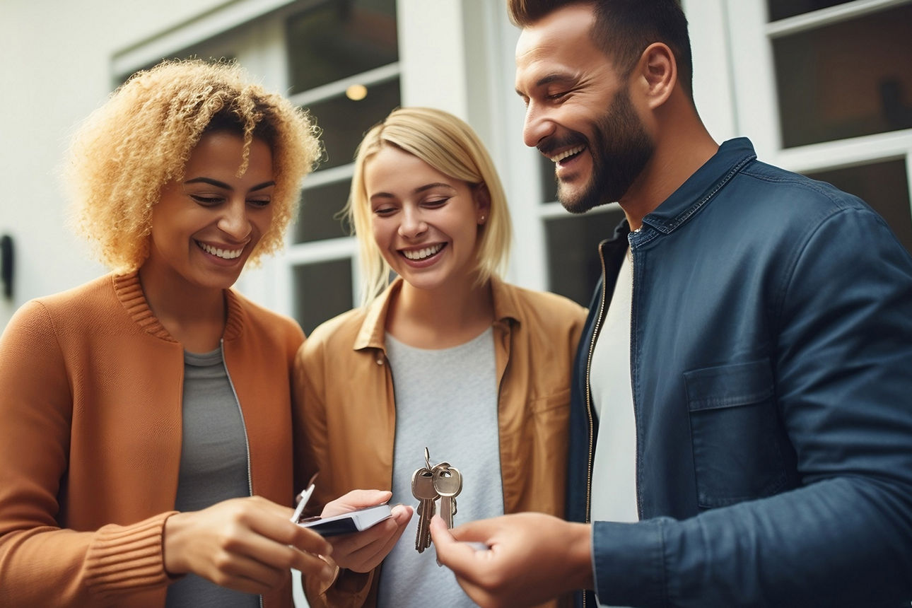 Drei Personen bei der Schlüsselübergabe