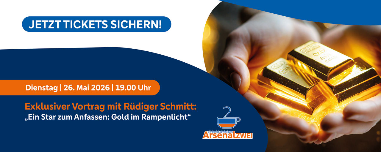 Hand mit Goldbarren in der Hand und dem Hinweis "Jetzt Tickets sichern"