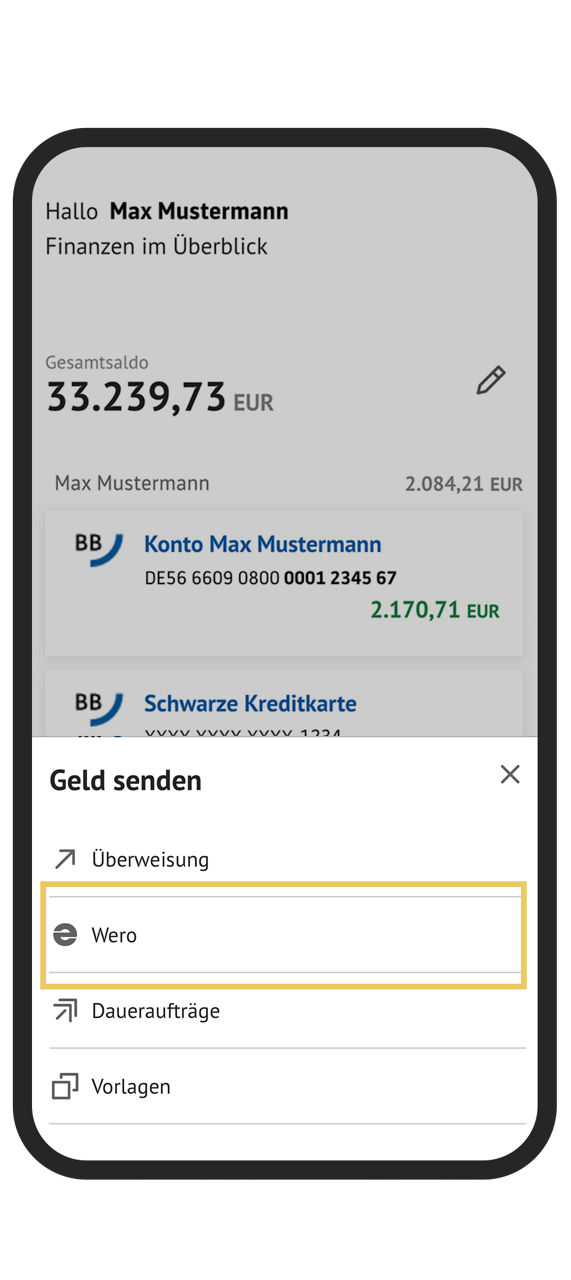 Infografik, die den Schritt 2 am Smartphone in der BBBank-BankingApp anzeigt, Wero zur Freischaltung auszuwählen