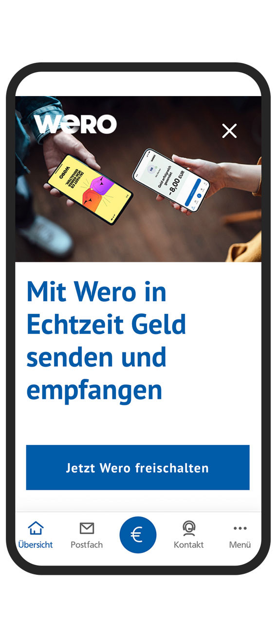 Infografik, die die Schritte zur Wero-Freischaltung am Smartphone in der BBank-BankingApp anzeigt.