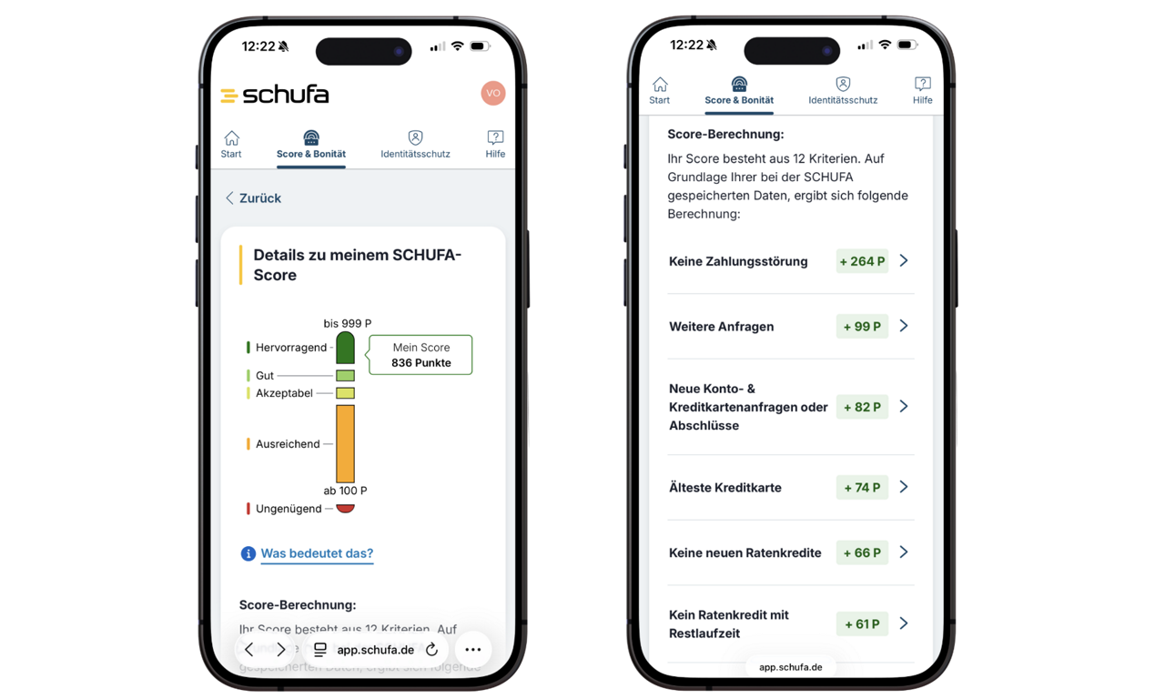 Zwei Smartphone-Bildschirme zeigen die Score-Übersicht auf der Schufa-Website