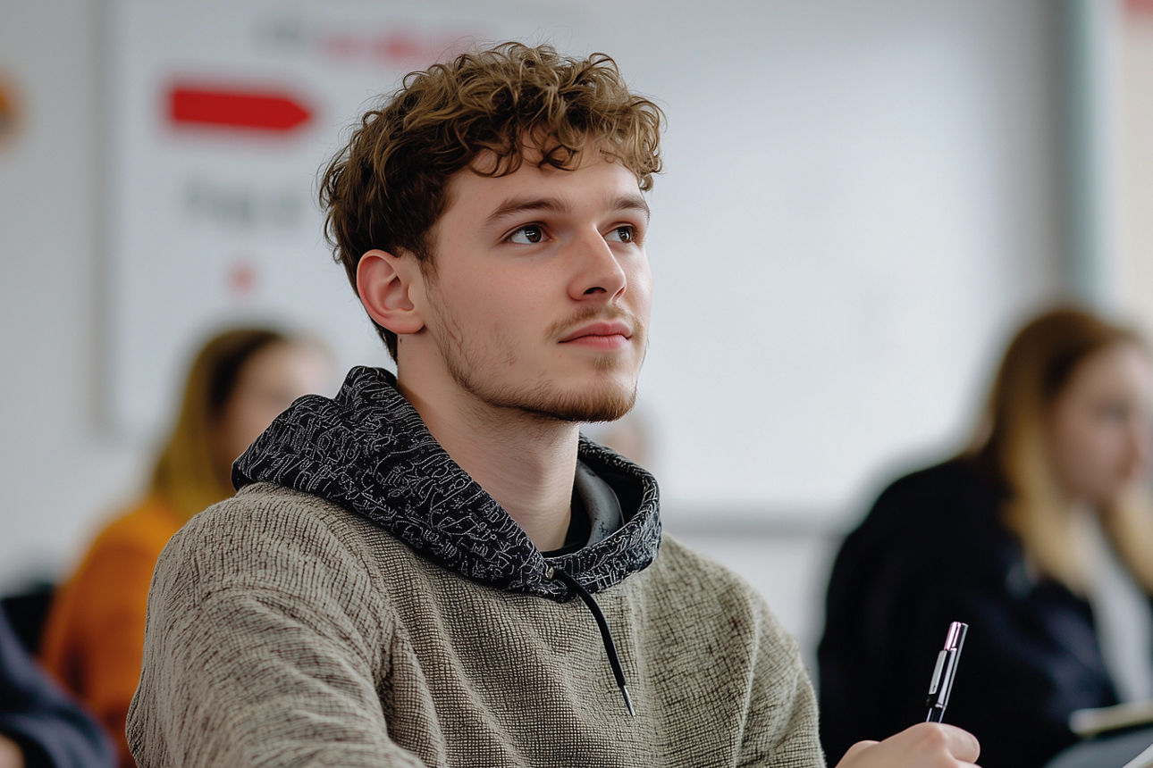 Ein junger Schüler sitzt aufmerksam im Unterricht, hält einen Stift in der Hand und schaut konzentriert nach vorn – Sinnbild für engagiertes Lernen.