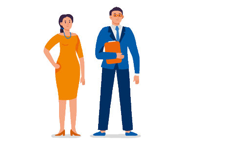 Zwei animierte Figuren im Business-Outfit stehen nebeneinander