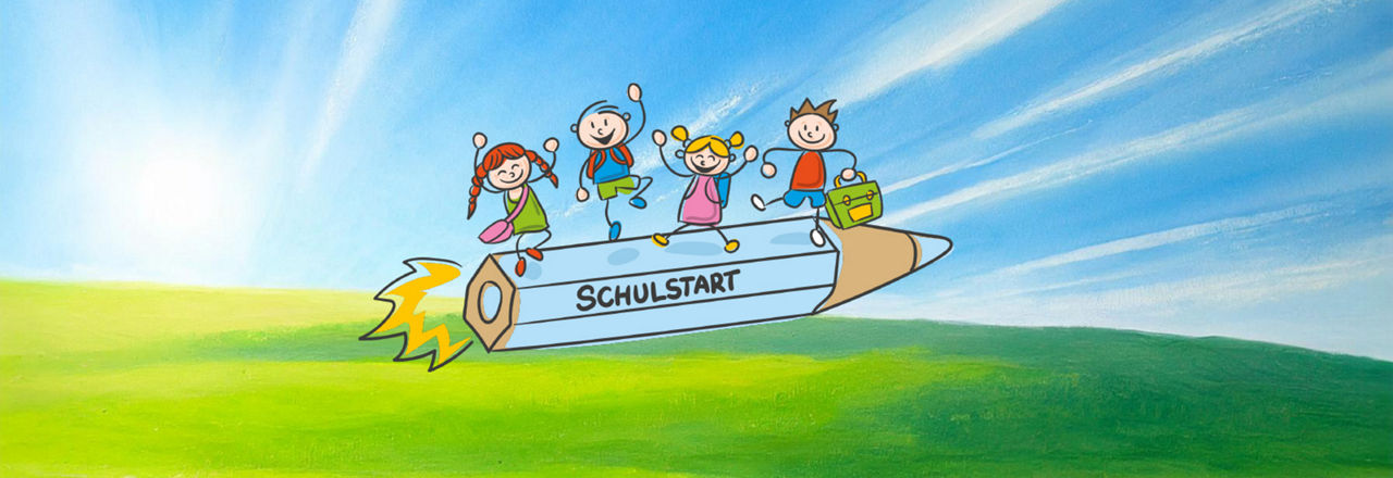 4 Strichmännchen stehen auf einem fliegendem Buntstift