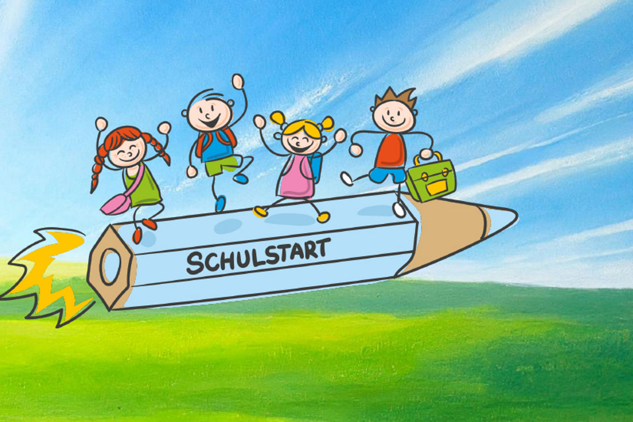 4 Strichmännchen stehen auf einem fliegendem Buntstift