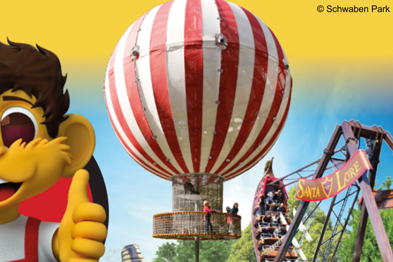 Buntes Werbemotiv des Schwaben Parks mit Maskottchen im Vordergrund und Abbildung verschiedener Fahrgeschäften.
