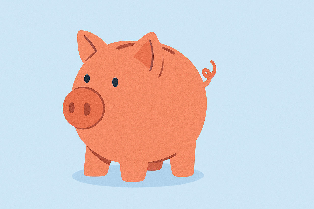 Ein rosa-orangefarbenes Sparschwein mit kleinen Augen und Schlitz auf dem Rücken steht auf einem hellblauen Hintergrund.