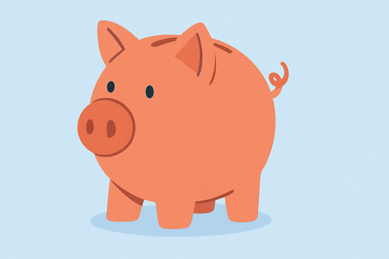 Ein rosa-orangefarbenes Sparschwein mit kleinen Augen und Schlitz auf dem Rücken steht auf einem hellblauen Hintergrund.