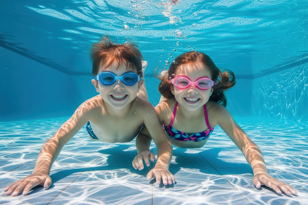Happy children swimming underwater in a clear blue swimming pool