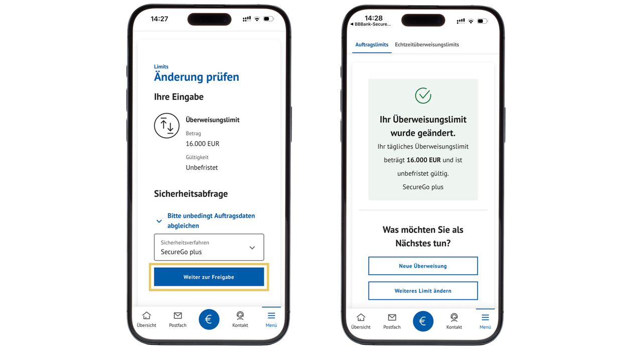 Smartphone-Bildschirm zeigt die BBBank-Banking-App nach der Limitänderung