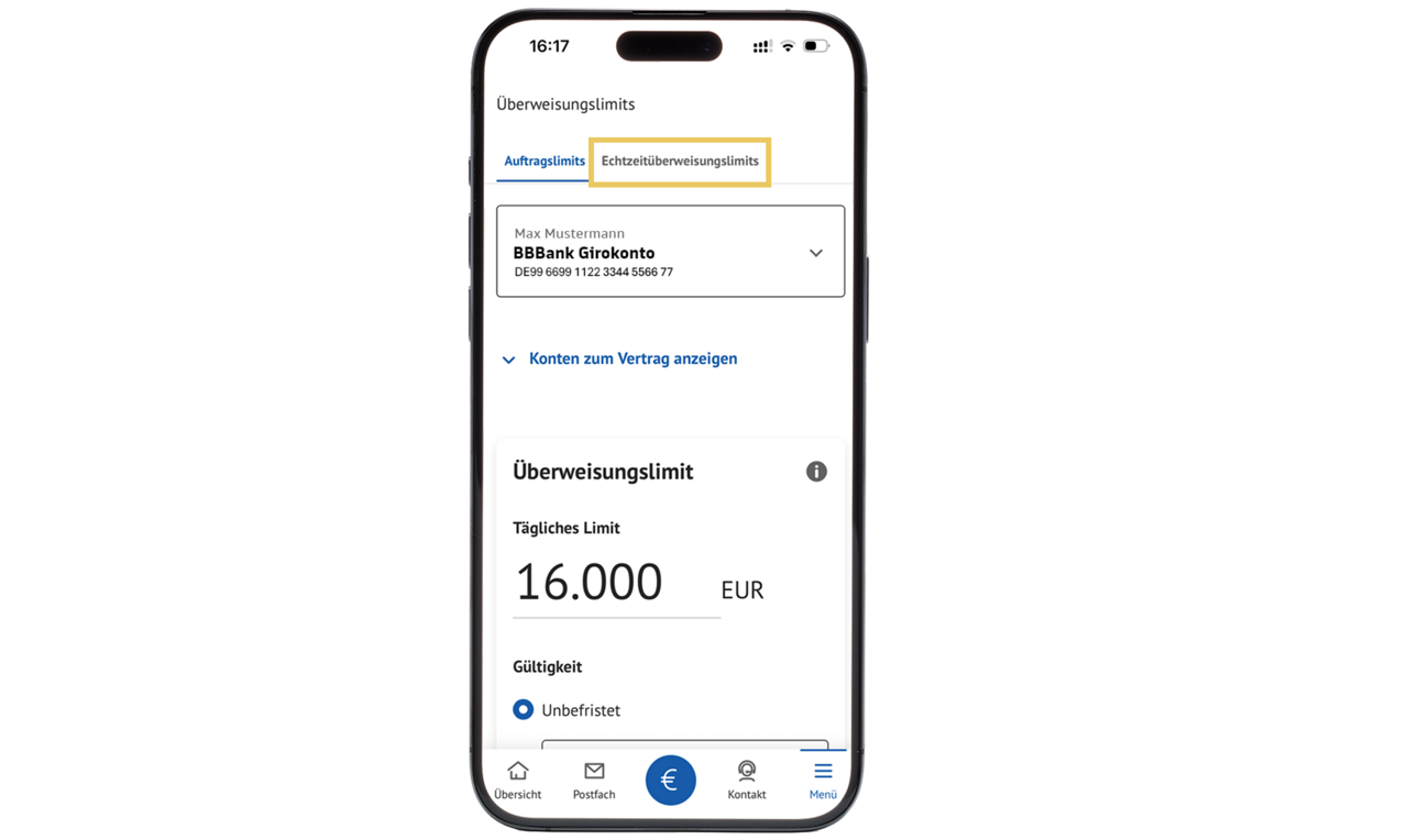 Smartphone-Bildschirm zeigt die Limitänderung in der BBBank-Banking-App 