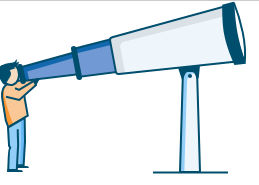 Ein Mensch betrachtet die Weite mit einem riesigen Fernglas.