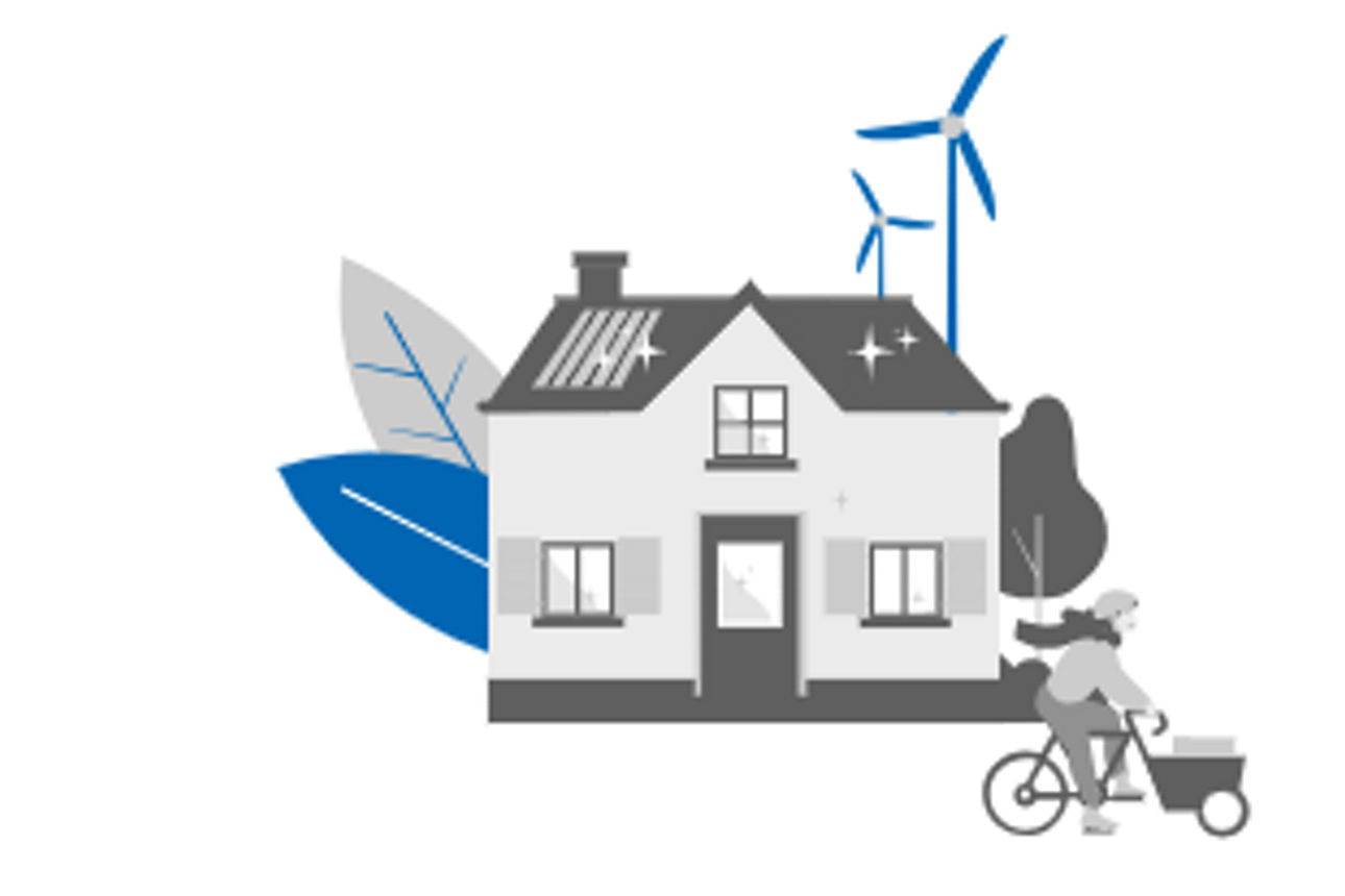 Icon das ein Haus mit Windrädern und eine Person davor mit einem Fahrrad zeigt.