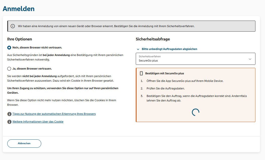 Anmeldemaske Online Banking