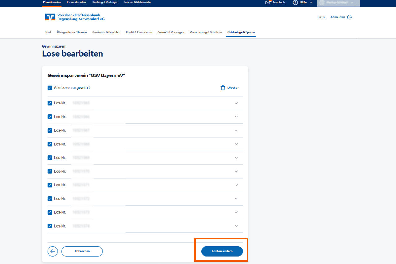 Screenshot der OnlineBanking Oberfläche zur Änderung der Gewinnspardaten