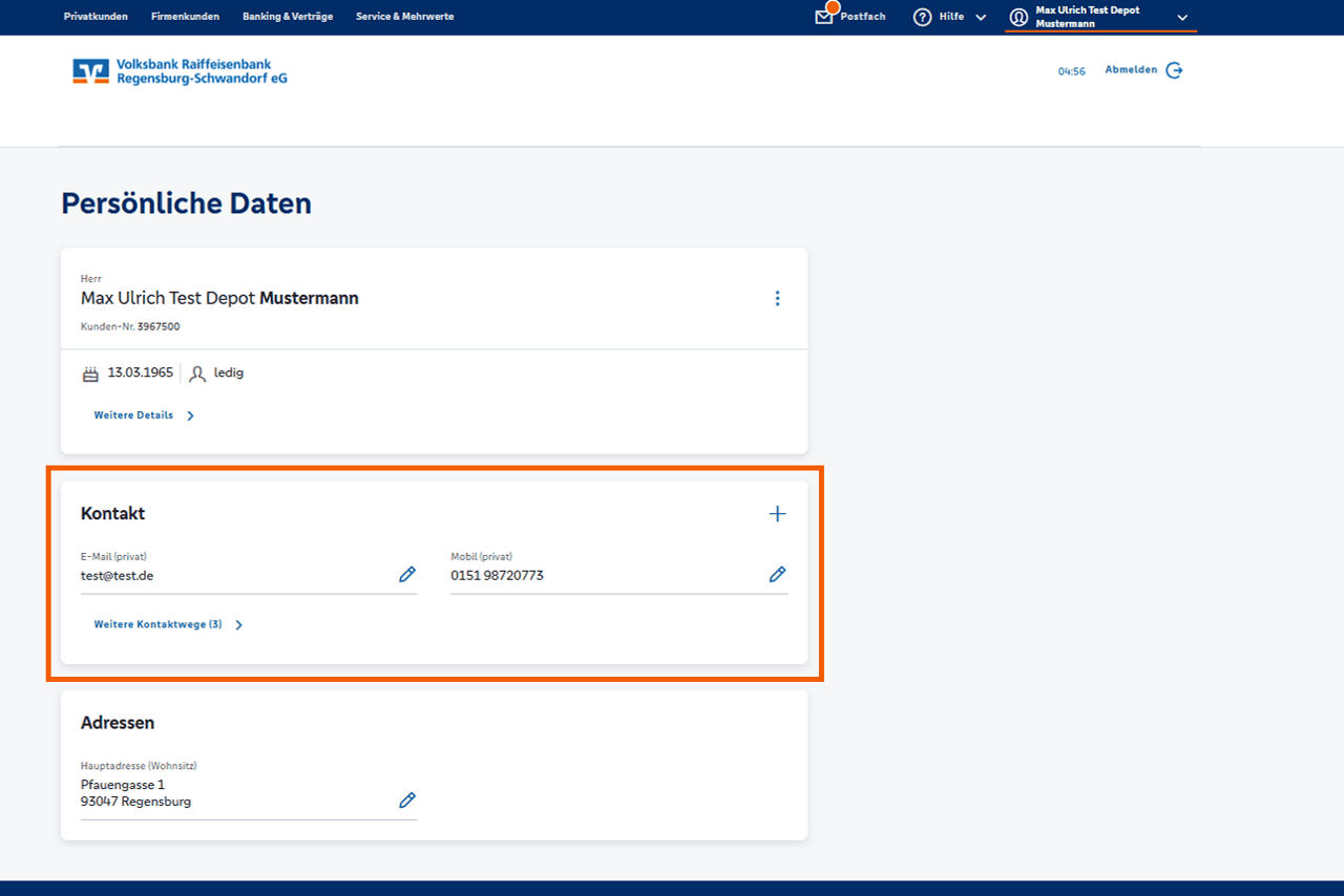 Screenshot der OnlineBanking Oberfläche zur Änderung der Kontaktdaten