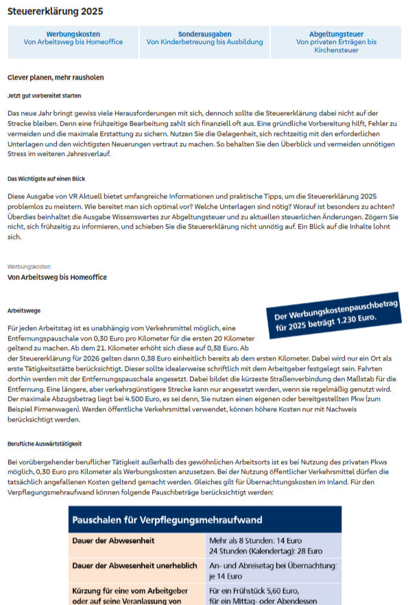 Ausschnitt aus dem Magazin VR Aktuell als Muster
