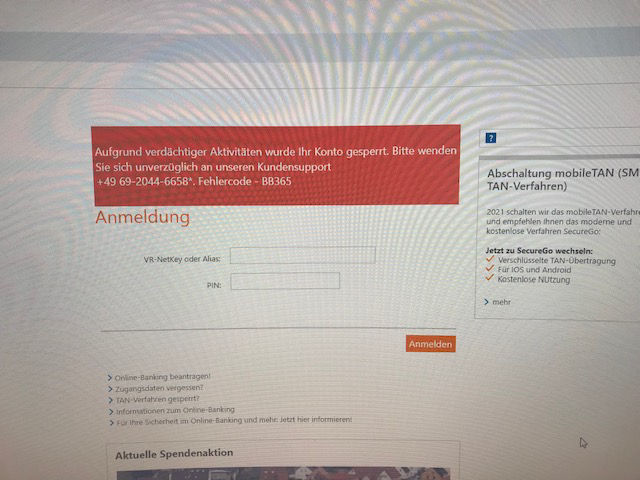 Screenshot gesperrter Online-Banking-Zugang