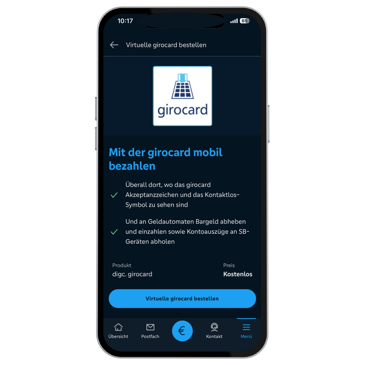 Screenshot beim Bestellprozess der virtuellen girocrad in der VR Banking App.